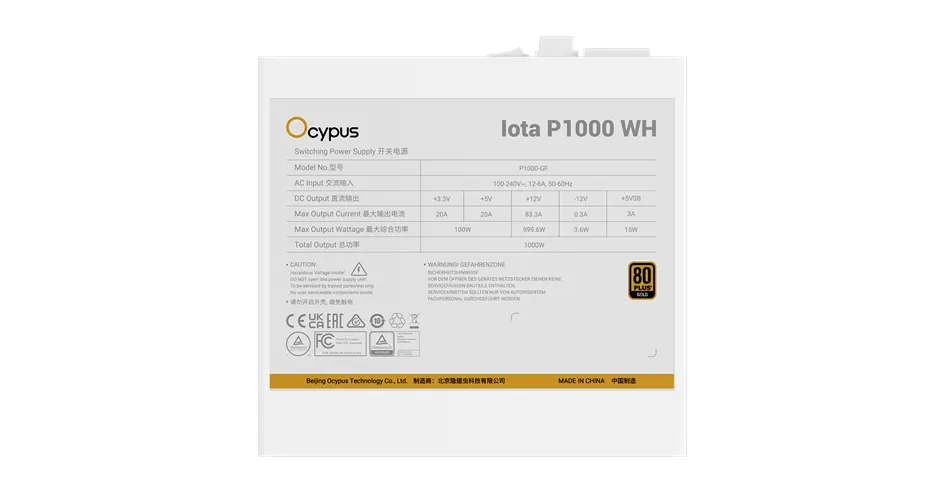 Блок питания Ocypus 1000W, Iota P1000 WH, Full Modular, 80+ GOLD, Белый, Iota-P1000-G1FFWH025X-EU