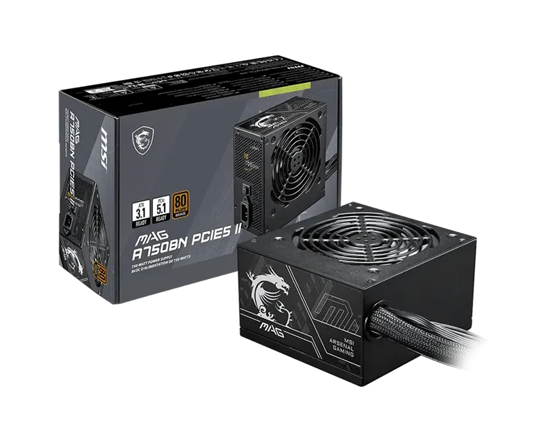 Блок питания MSI  750W, MAG A750BN PCIE5 II, Non Modular, ATX, 80+ BRONZE, >85%, Fan 120mm, Черный