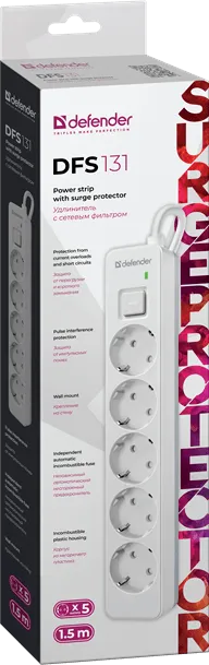 Сетевой фильтр Defender DFS 131 1,8 м Белый