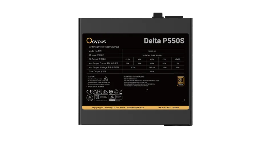 Блок питания Ocypus  550W, Delta P550S, Non modular, 80+ BRONZE, Черный, Delta-P550S-BDFBK025X-EU