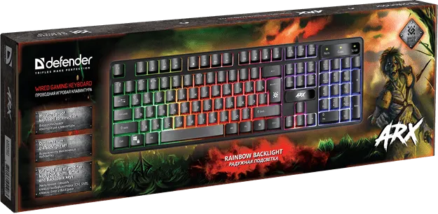 Клавиатура проводная игровая Defender Arx GK-196L, ENG/RUS, USB, радужная подсветка, НОВИНКА!