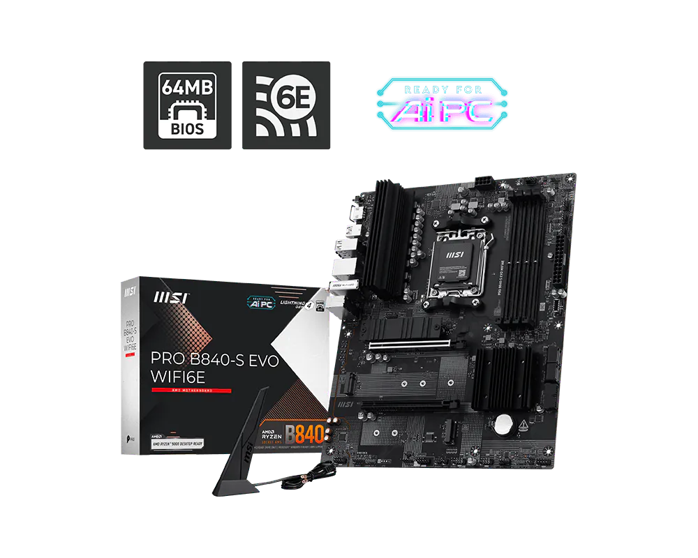 Материнская плата MSI PRO B840-S EVO WIFI6E AM5 B840 4xDDR5 4xSATA6G RAID 3xM.2 1xHDMI 1xType-C ATX