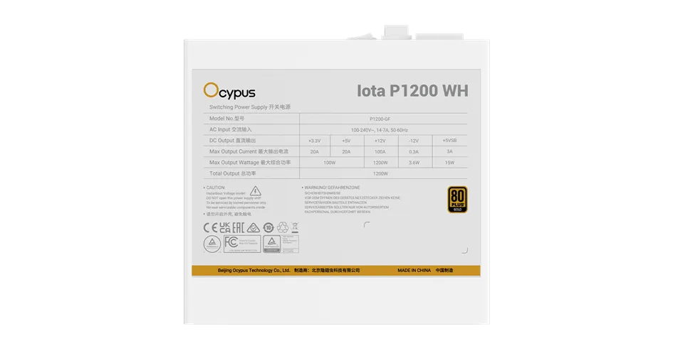 Блок питания Ocypus 1200W, Iota P1200 WH, Full Modular, 80+ GOLD, Белый, Iota-P1200-G1FFWH025X-EU