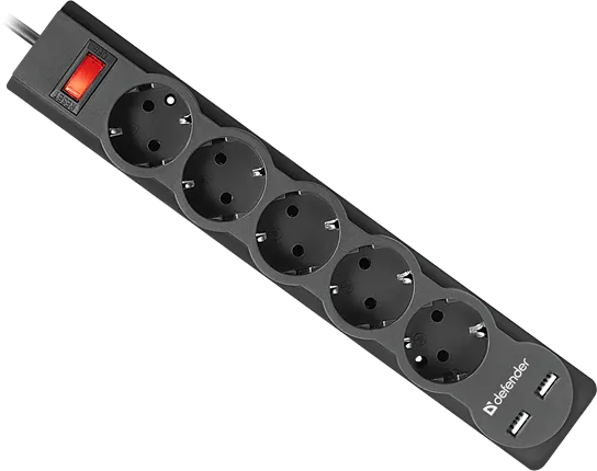 Сетевой фильтр Defender DFS 753 5 розеток, 3 м (защита от ВЧ и импульсных помех, USB зарядка 2.1А)