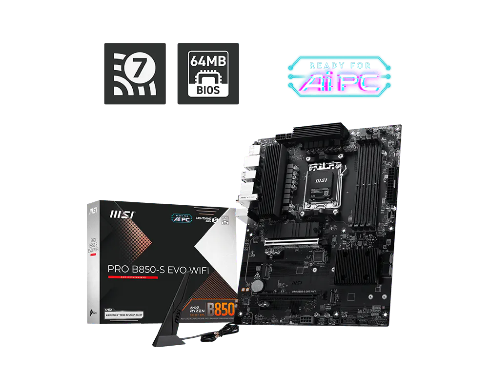 Материнская плата MSI PRO B850-S EVO WIFI AM5 B850 4xDDR5 4xSATA6G RAID 3xM.2 1xDP 1xHDMI ATX