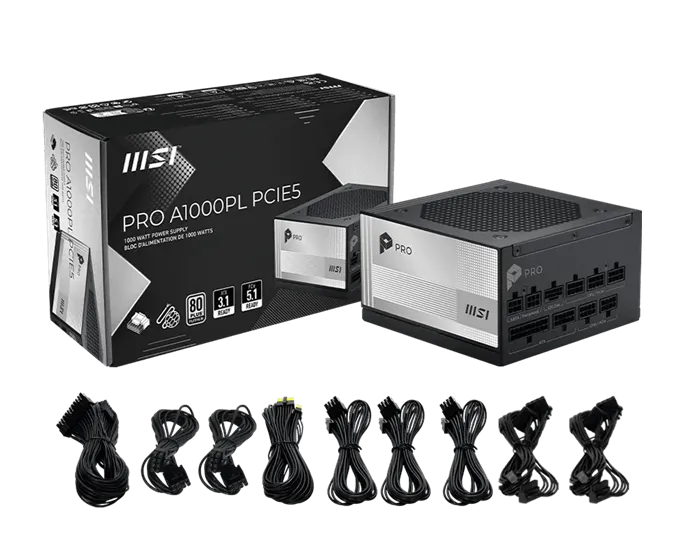 Блок питания MSI 1000W, PRO A1000PL PCIE5, Full Modular, ATX, 80+ PLATINUM, >92%, Fan 120mm, Черный