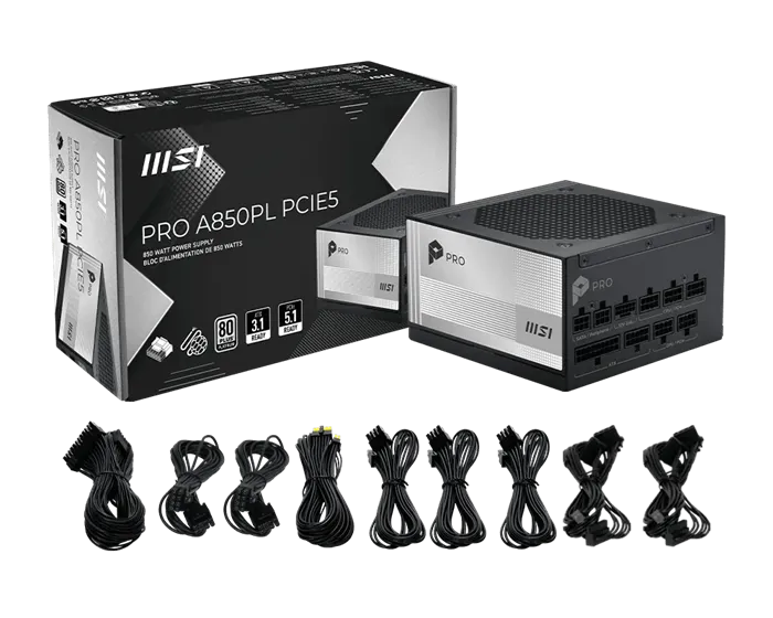 Блок питания MSI  850W, PRO A850PL PCIE5, Full Modular, ATX, 80+ PLATINUM, >92%, Fan 120mm, Черный