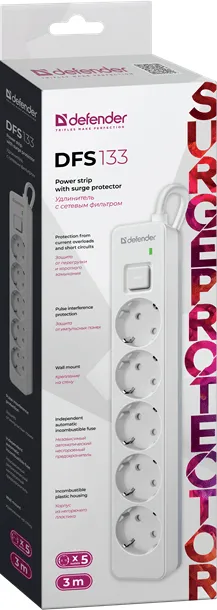 Сетевой фильтр Defender DFS 133 3 м Белый