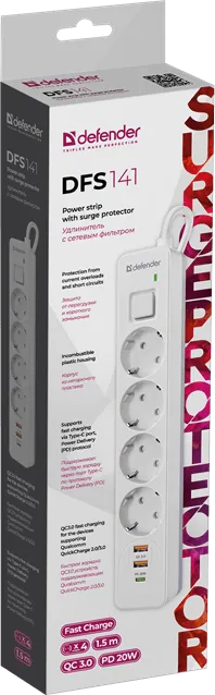 Сетевой фильтр Defender DFS 141 1,8 м Белый