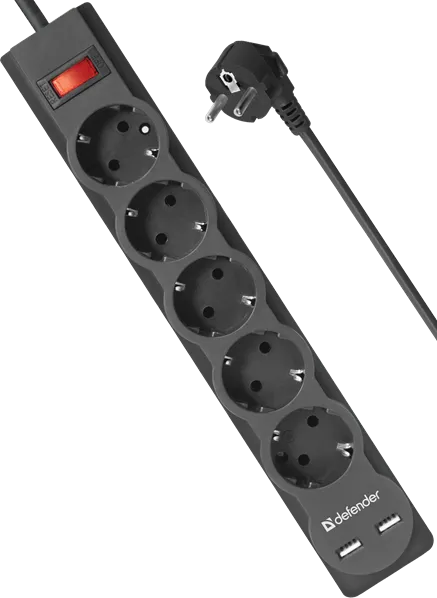 Сетевой фильтр Defender DFS 753 5 розеток, 3 м (защита от ВЧ и импульсных помех, USB зарядка 2.1А)