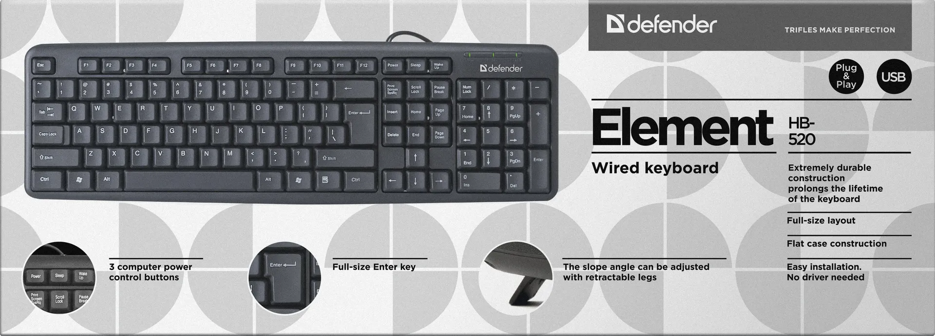 Клавиатура Defender Element HB-520 B (Черный), USB, ENG/RUS/KAZ,стандарт