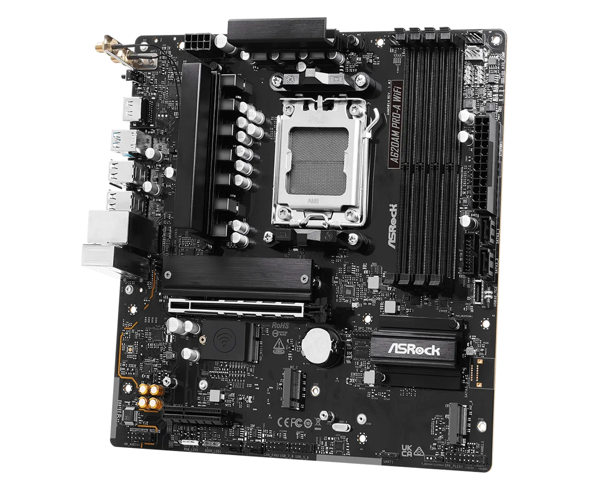 Материнская плата ASRock A620AM PRO-A WIFI AM5 4xDDR5 2xSATA3 RAID 3xM.2 Type-C HDMI WiFi6E mATX