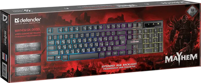 Клавиатура проводная игровая Defender Mayhem GK-360DL, ENG/RUS, USB, RGB подсветка, НОВИНКА!