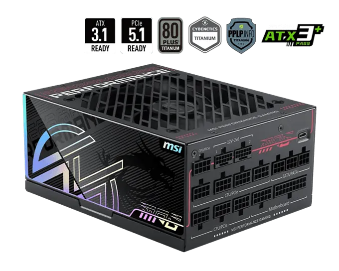 Блок питания MSI 1300W, MPG Ai1300TS PCIE5, Full Modular, ATX, 80+ TITANIUM, >94%, Fan 135mm, Черный