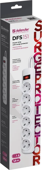 Сетевой фильтр Defender DFS 151 Белый 6 розеток, 1.8 м (защита от ВЧ и импульсных помех)