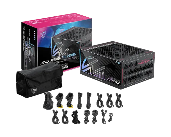 Блок питания MSI 1300W, MPG Ai1300TS PCIE5, Full Modular, ATX, 80+ TITANIUM, >94%, Fan 135mm, Черный