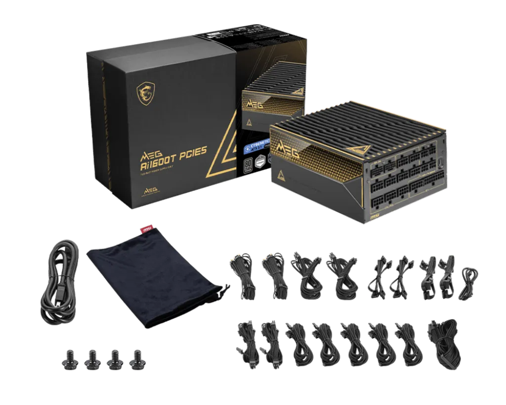 Блок питания MSI 1600W, MEG Ai1600T PCIE5, Full Modular, ATX, 80+ TITANIUM, >94%, Fan 135mm, Черный